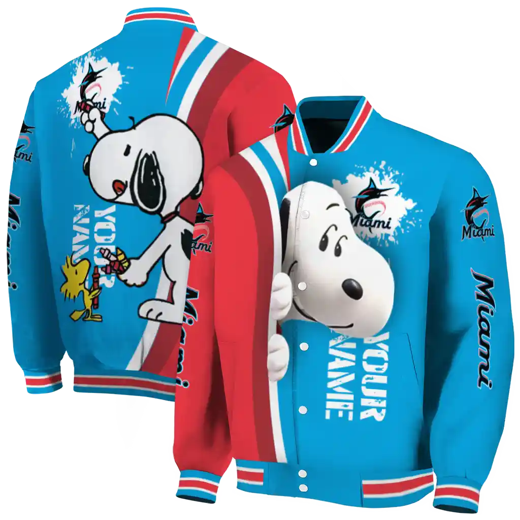 customized miami marlins snoopy head blue varsity jacket fashion forward customized miami marlins snoopy head blue varsity jacket fashion forward