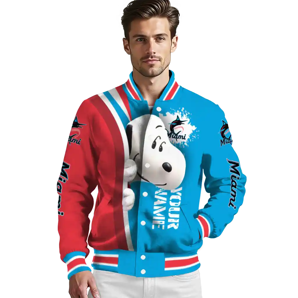 customized miami marlins snoopy head blue varsity jacket high quality customized miami marlins snoopy head blue varsity jacket high quality