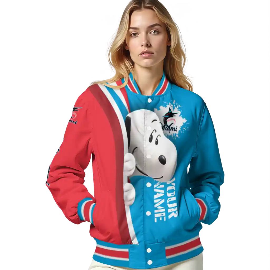 customized miami marlins snoopy head blue varsity jacket latest model customized miami marlins snoopy head blue varsity jacket latest model