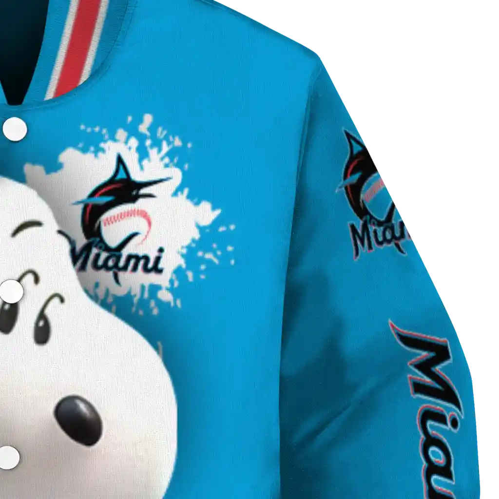 customized miami marlins snoopy head blue varsity jacket premium grade customized miami marlins snoopy head blue varsity jacket premium grade
