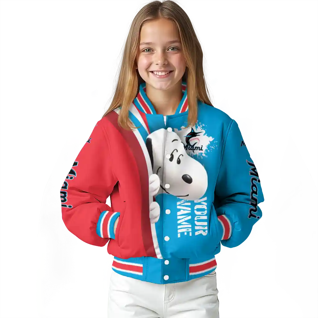 customized miami marlins snoopy head blue varsity jacket top rated customized miami marlins snoopy head blue varsity jacket top rated