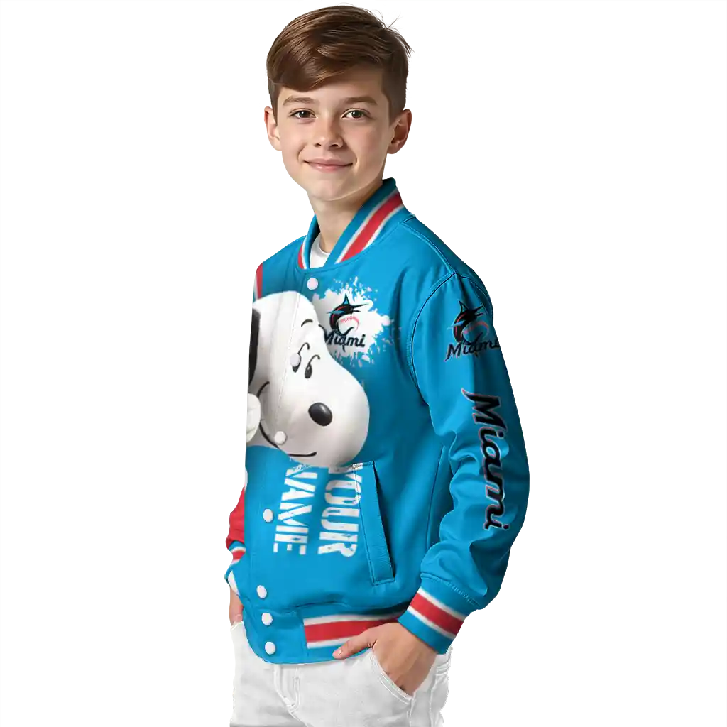 customized miami marlins snoopy head blue varsity jacket trendy customized miami marlins snoopy head blue varsity jacket trendy