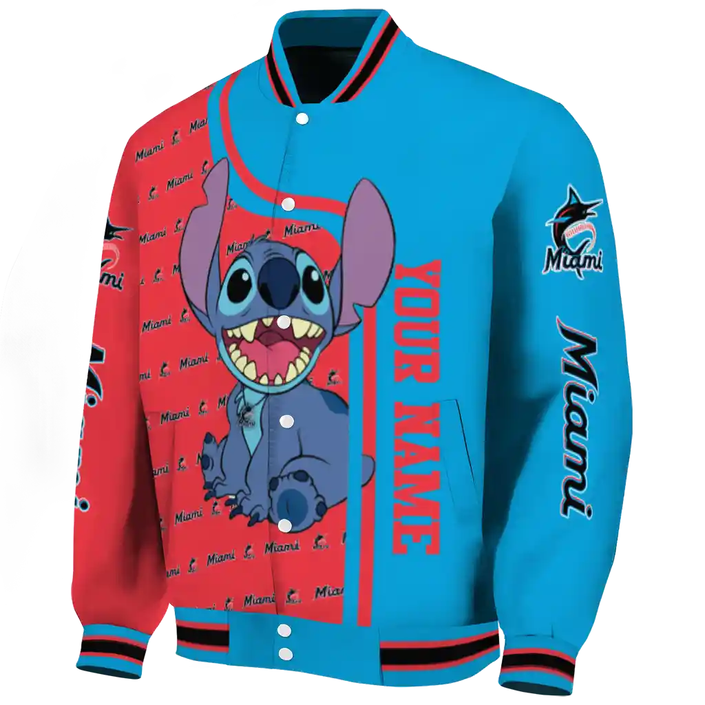 customized miami marlins stitch laughing blue varsity jacket best selling customized miami marlins stitch laughing blue varsity jacket best selling