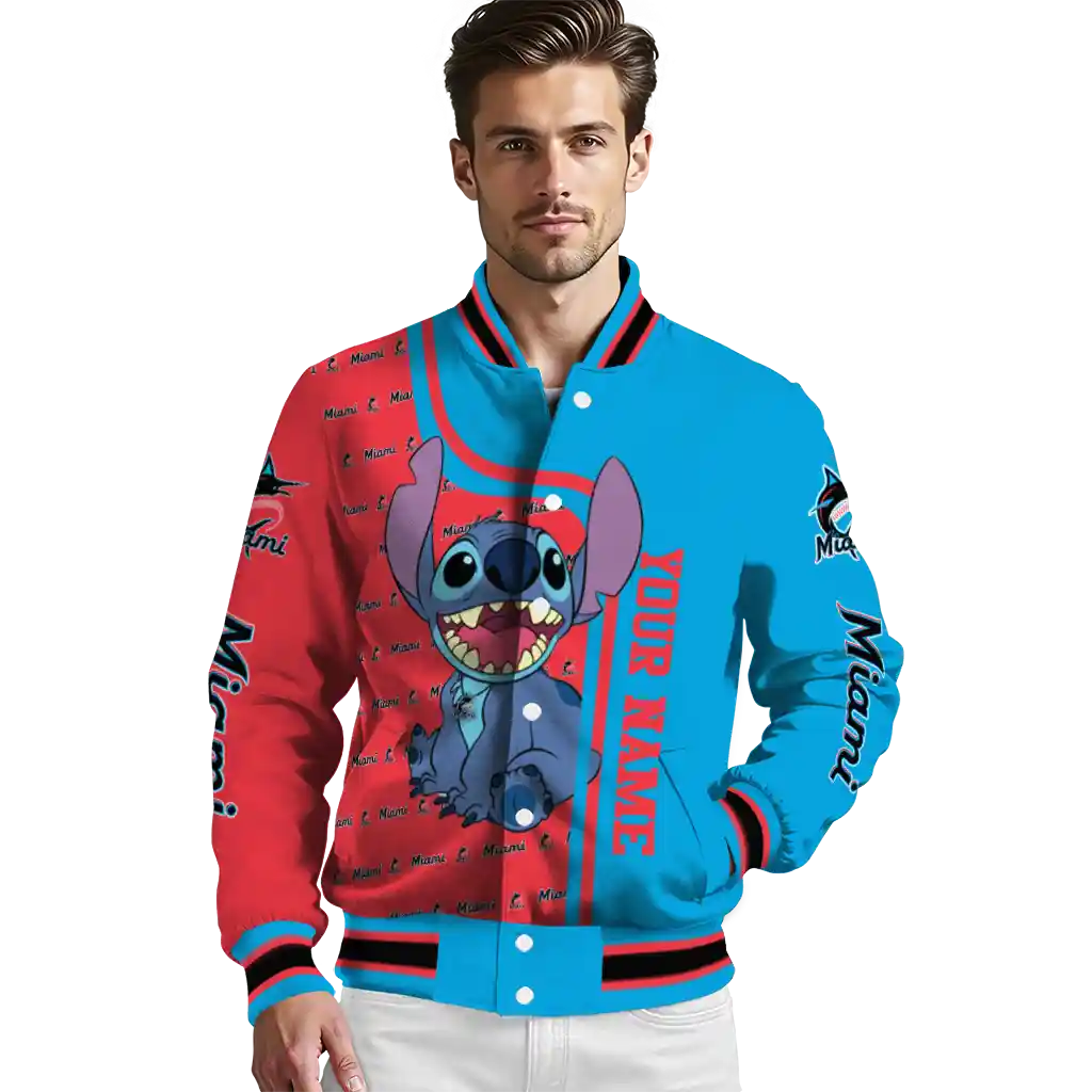 customized miami marlins stitch laughing blue varsity jacket high quality customized miami marlins stitch laughing blue varsity jacket high quality