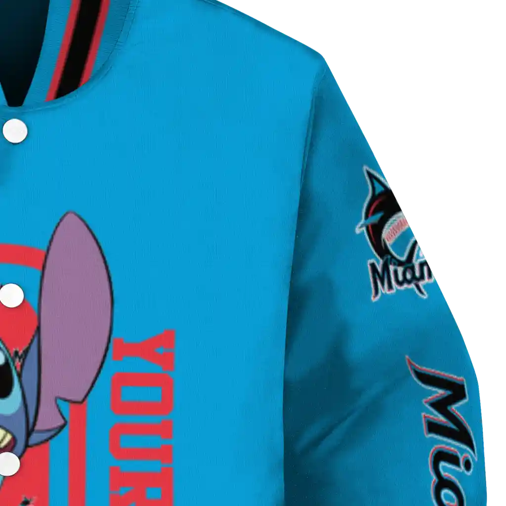 customized miami marlins stitch laughing blue varsity jacket premium grade customized miami marlins stitch laughing blue varsity jacket premium grade