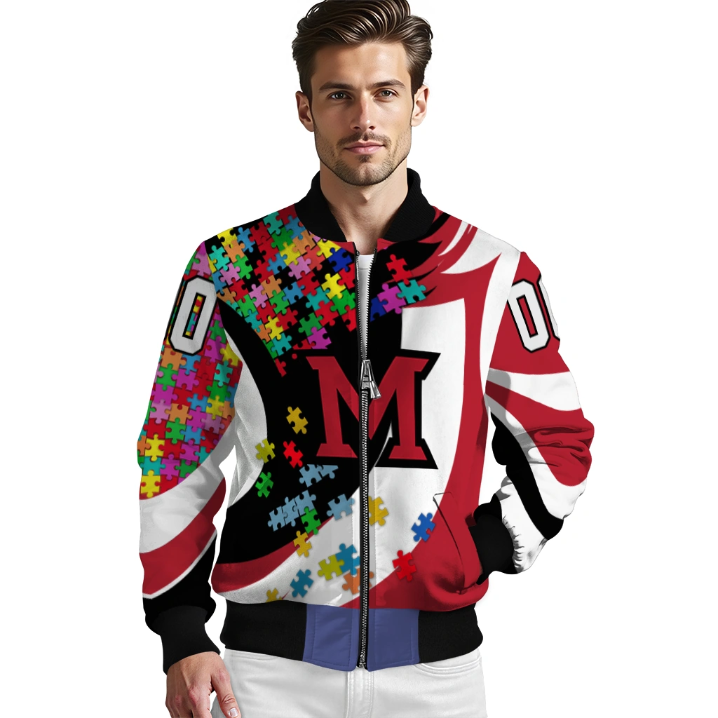 customized miami redhawks stars and stripes slashes red bomber jacket high quality customized miami redhawks stars and stripes slashes red bomber jacket high quality