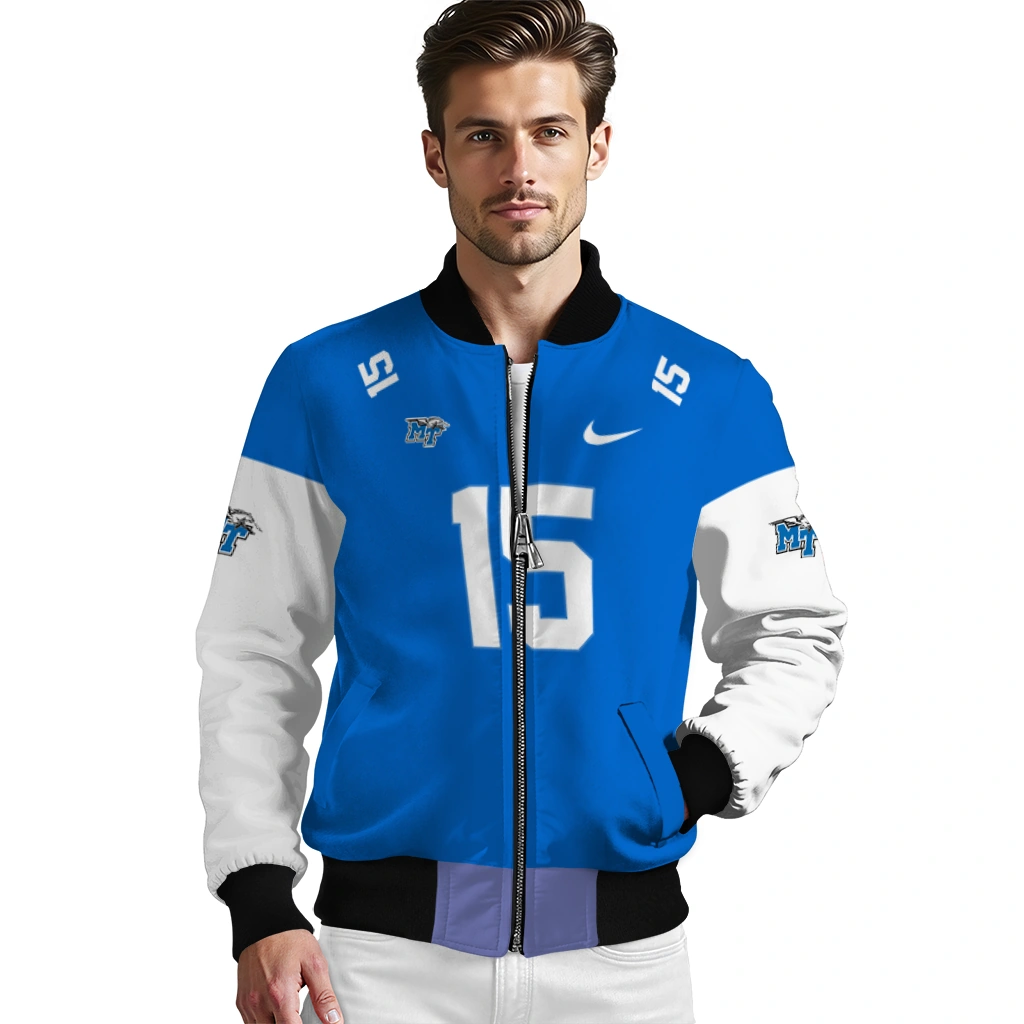 customized middle tennessee blue raiders team patch blue bomber jacket high quality customized middle tennessee blue raiders team patch blue bomber jacket high quality