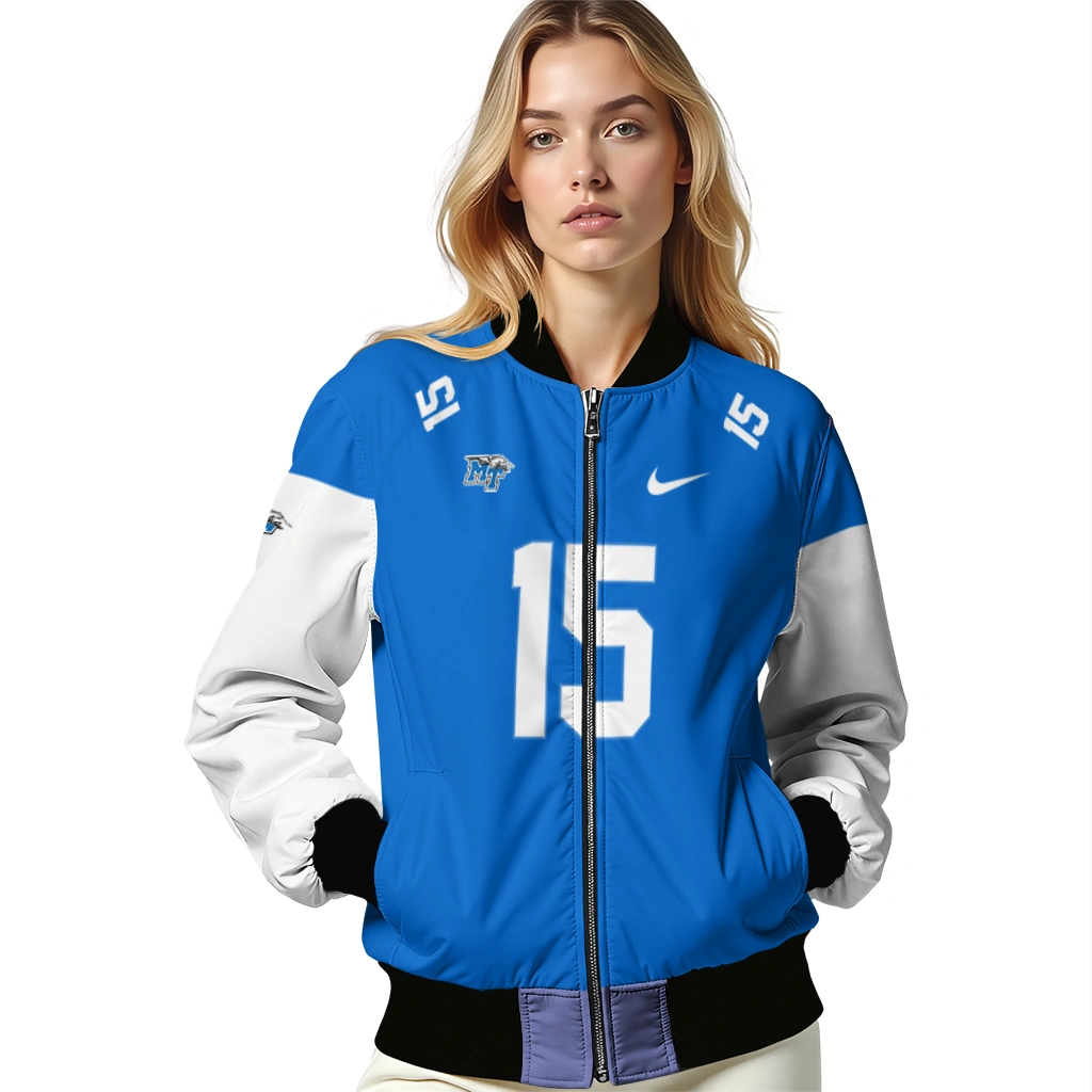 customized middle tennessee blue raiders team patch blue bomber jacket latest model customized middle tennessee blue raiders team patch blue bomber jacket latest model
