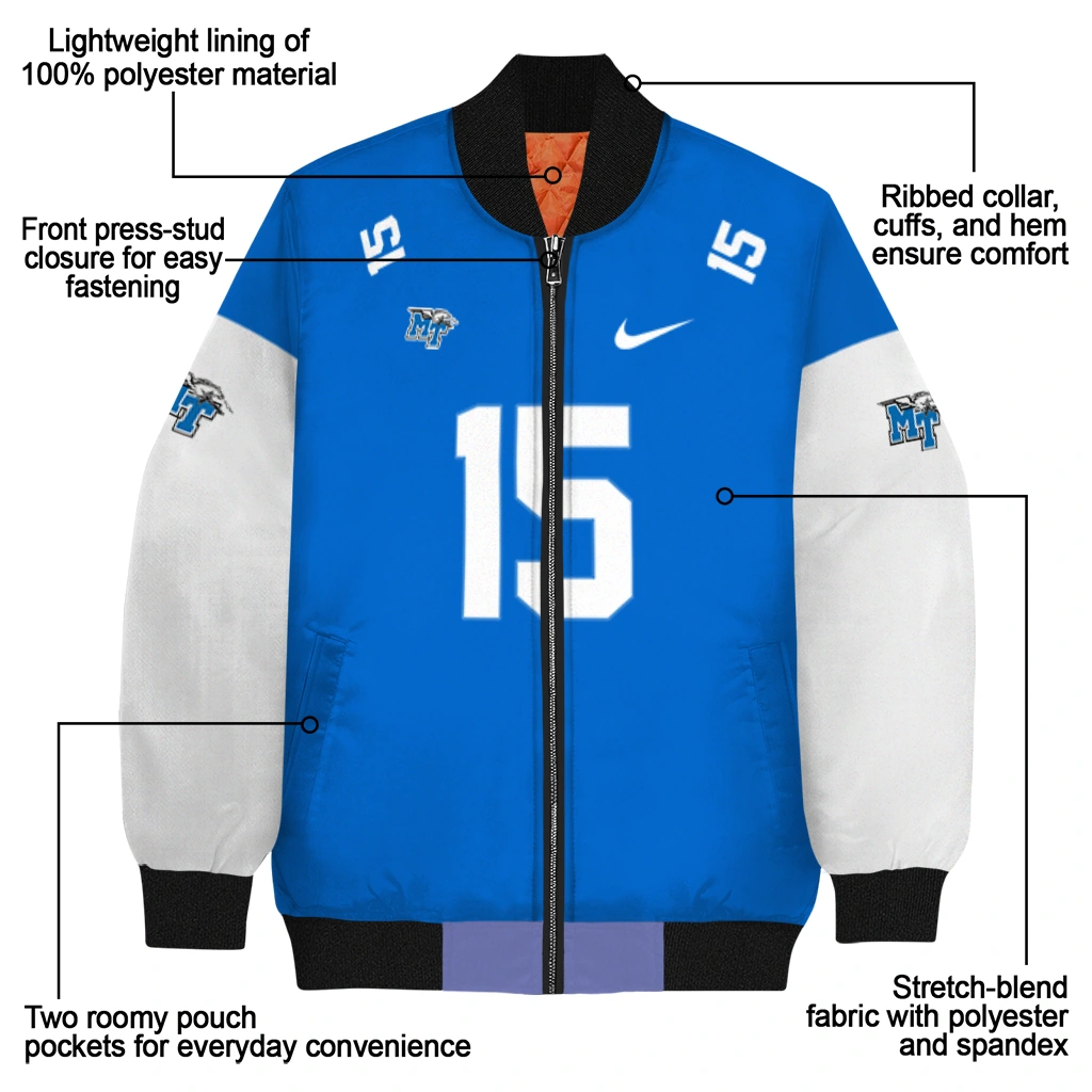 customized middle tennessee blue raiders team patch blue bomber jacket new arrival customized middle tennessee blue raiders team patch blue bomber jacket new arrival