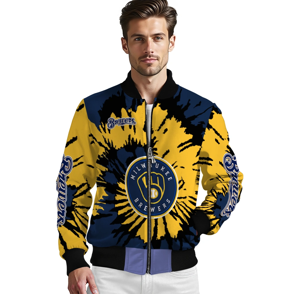 customized milwaukee brewers burst splatter navy blue bomber jacket high quality customized milwaukee brewers burst splatter navy blue bomber jacket high quality