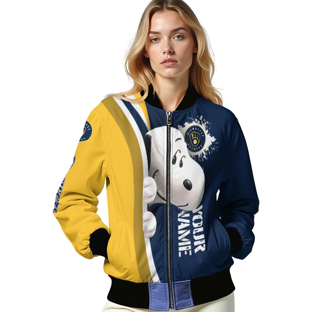 customized milwaukee brewers snoopy head navy blue bomber jacket latest model customized milwaukee brewers snoopy head navy blue bomber jacket latest model