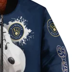 customized milwaukee brewers snoopy head navy blue bomber jacket best selling