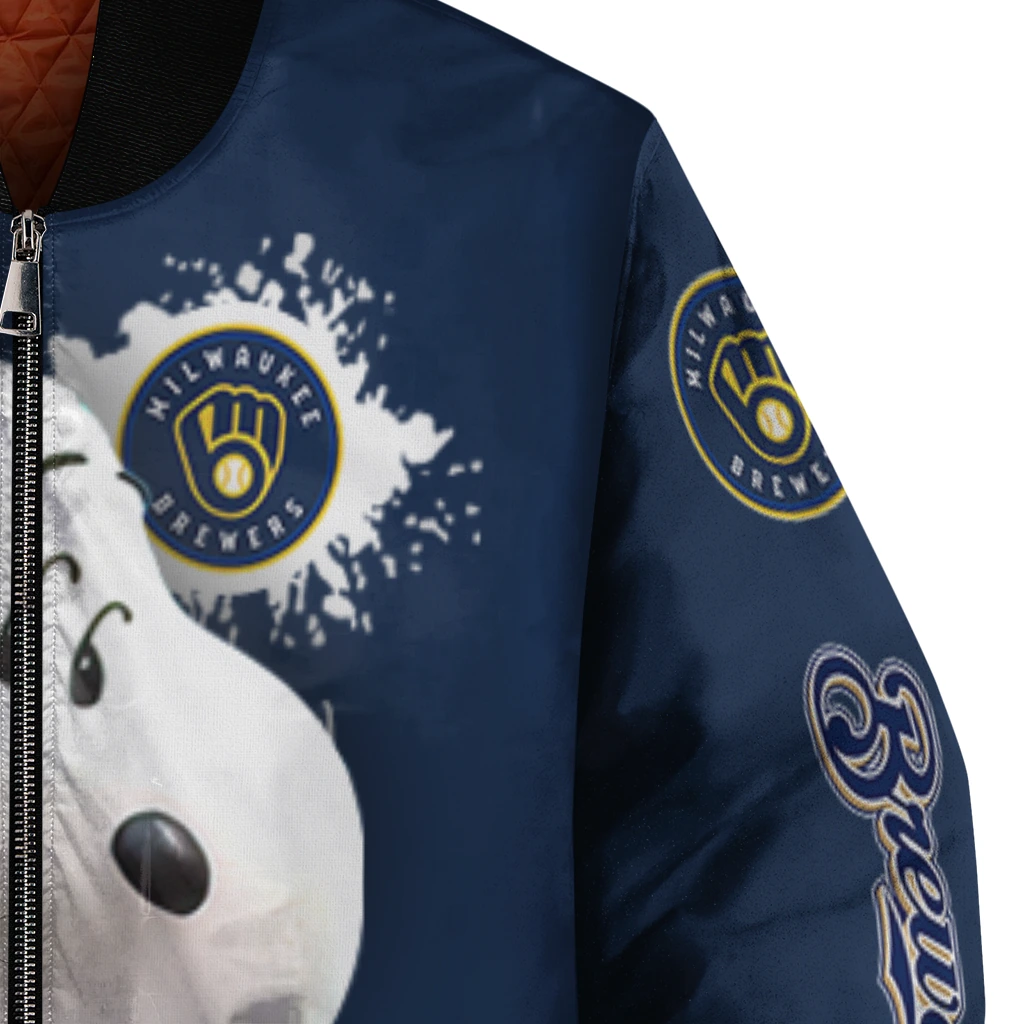 customized milwaukee brewers snoopy head navy blue bomber jacket premium grade customized milwaukee brewers snoopy head navy blue bomber jacket premium grade