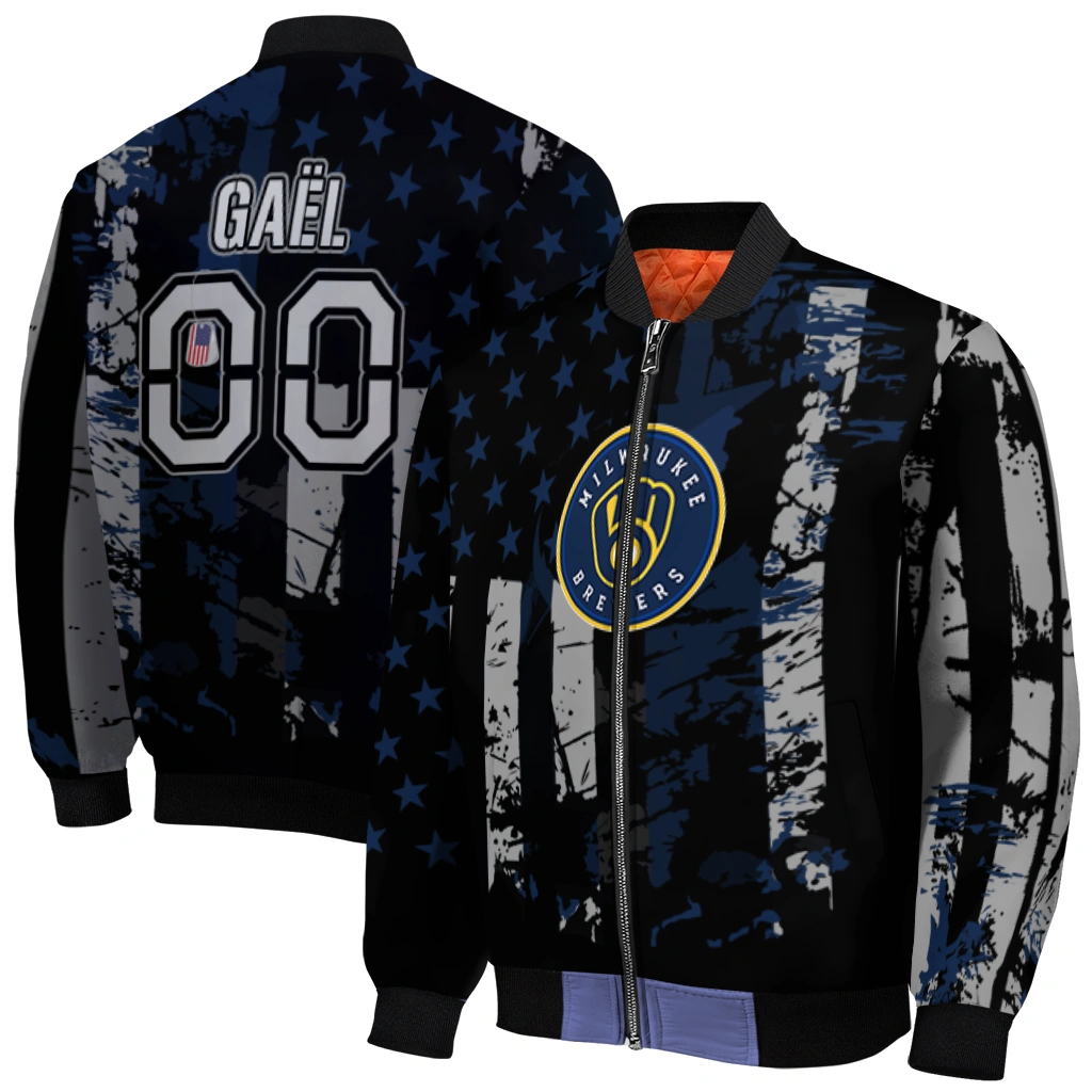 customized milwaukee brewers star stripes navy blue black bomber jacket best selling customized milwaukee brewers star stripes navy blue black bomber jacket best selling