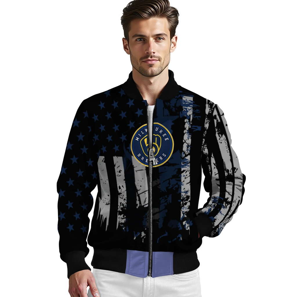 customized milwaukee brewers star stripes navy blue black bomber jacket high quality customized milwaukee brewers star stripes navy blue black bomber jacket high quality