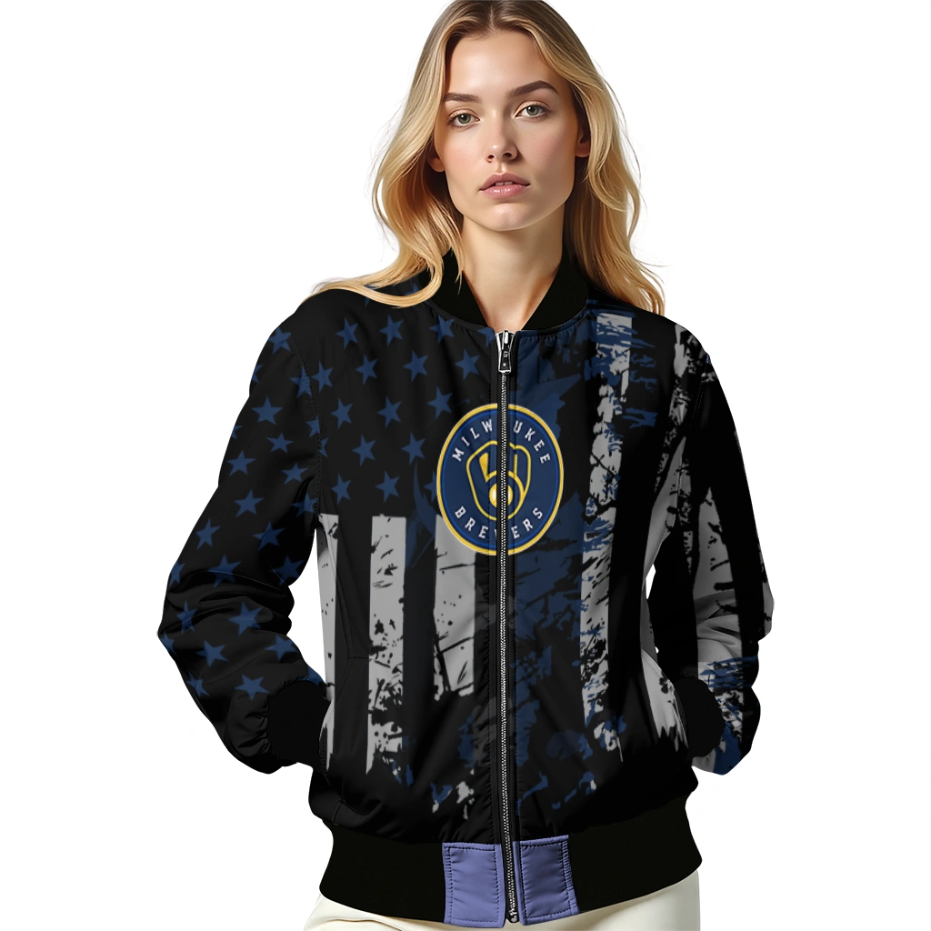 customized milwaukee brewers star stripes navy blue black bomber jacket latest model customized milwaukee brewers star stripes navy blue black bomber jacket latest model