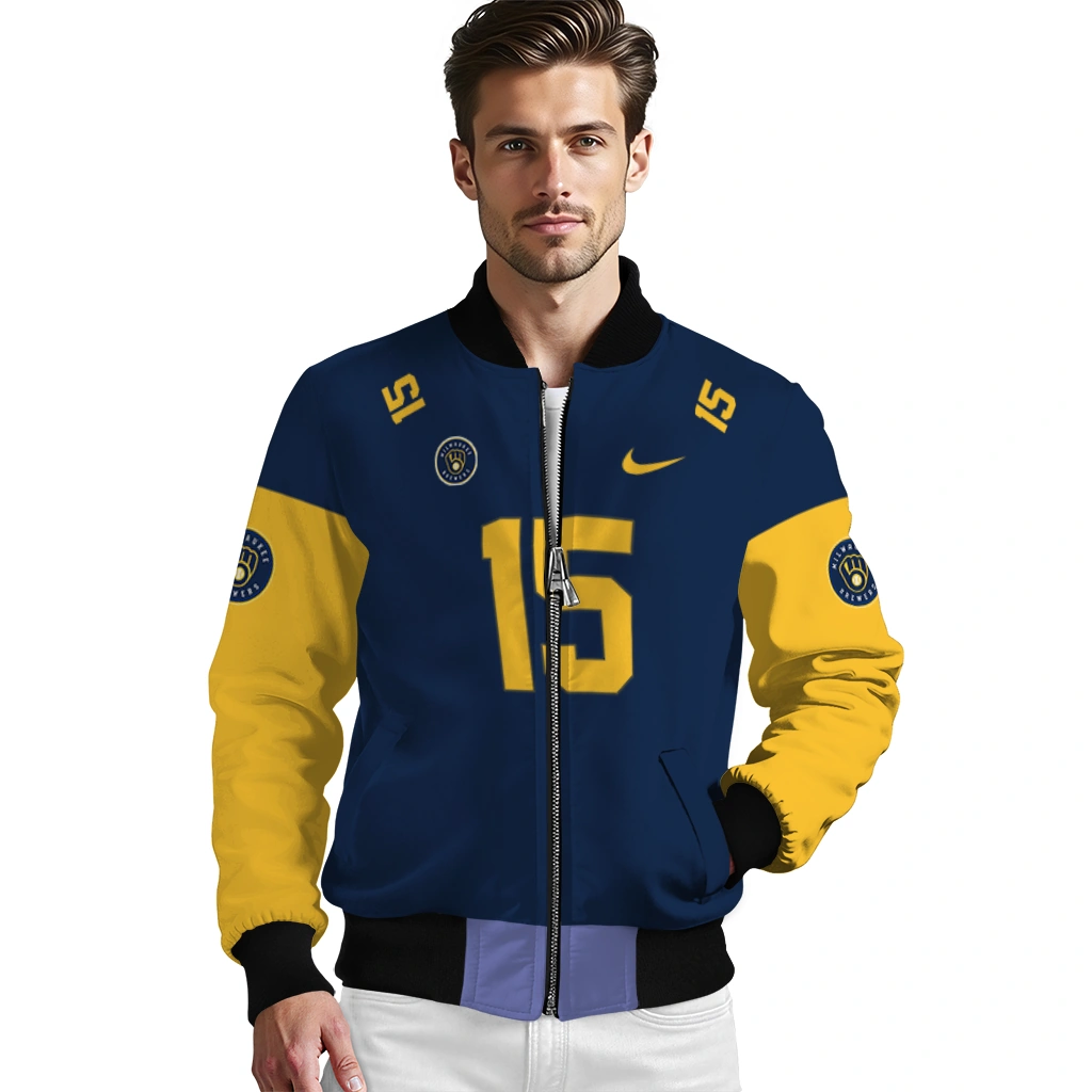 customized milwaukee brewers team patch navy blue bomber jacket high quality customized milwaukee brewers team patch navy blue bomber jacket high quality