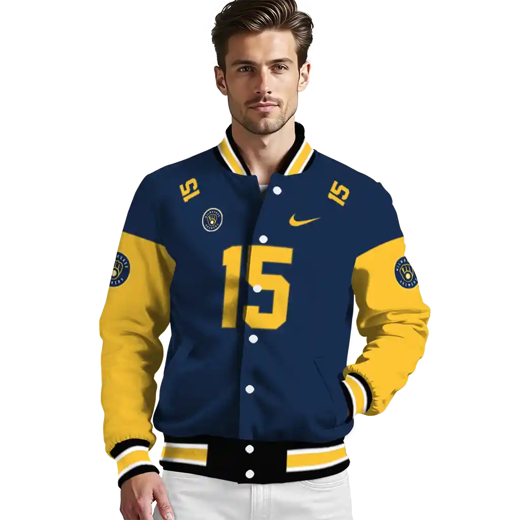 customized milwaukee brewers team patch navy blue varsity jacket high quality customized milwaukee brewers team patch navy blue varsity jacket high quality