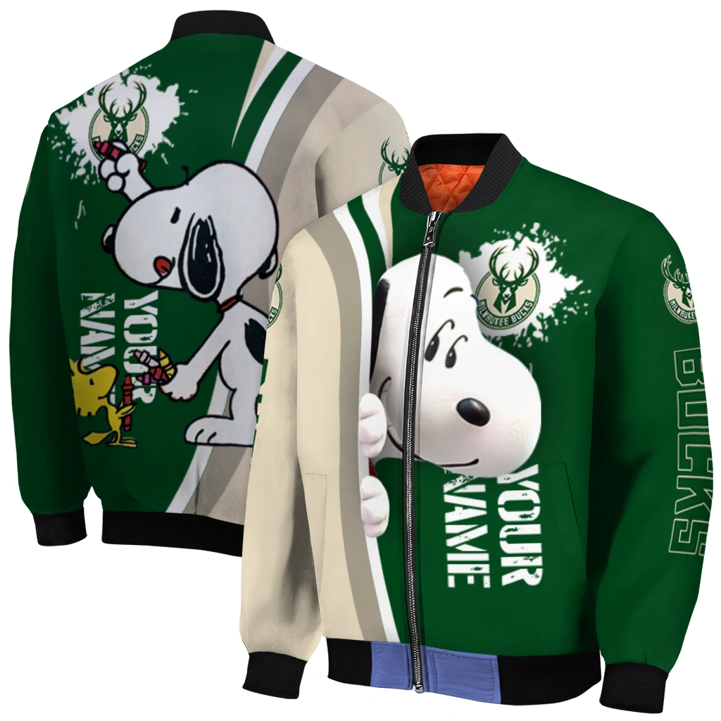 customized milwaukee bucks snoopy head green bomber jacket best selling customized milwaukee bucks snoopy head green bomber jacket best selling