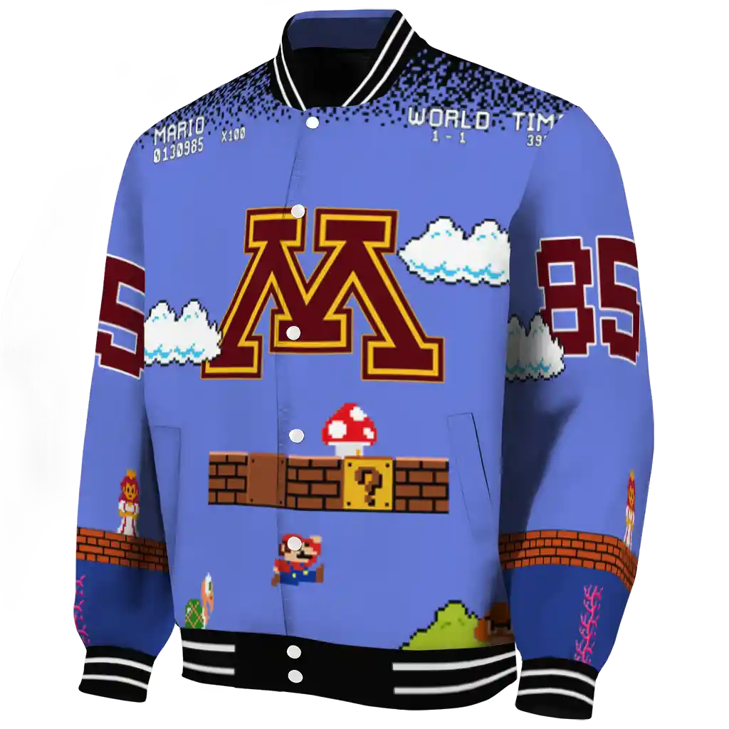 customized minnesota golden gophers mario blocks blue black varsity jacket best selling customized minnesota golden gophers mario blocks blue black varsity jacket best selling