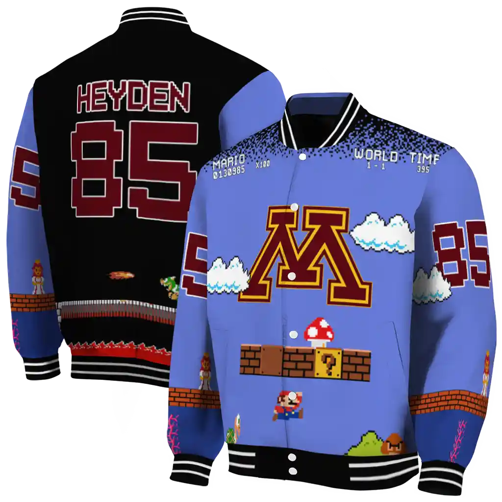 customized minnesota golden gophers mario blocks blue black varsity jacket fashion forward customized minnesota golden gophers mario blocks blue black varsity jacket fashion forward