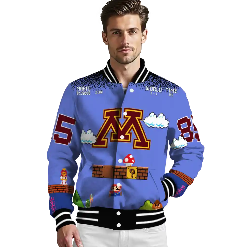 customized minnesota golden gophers mario blocks blue black varsity jacket high quality customized minnesota golden gophers mario blocks blue black varsity jacket high quality