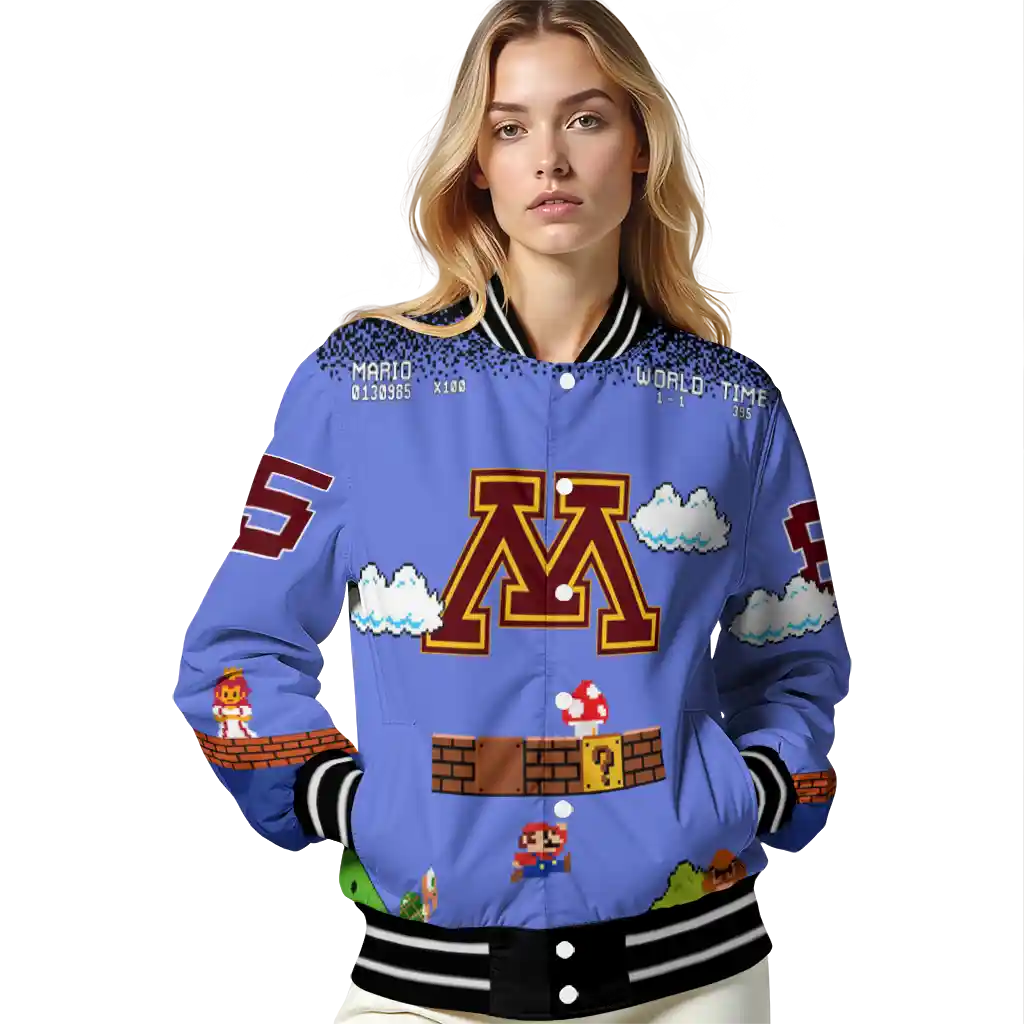 customized minnesota golden gophers mario blocks blue black varsity jacket latest model customized minnesota golden gophers mario blocks blue black varsity jacket latest model