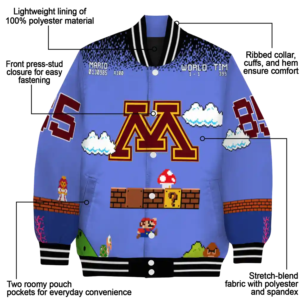 customized minnesota golden gophers mario blocks blue black varsity jacket new arrival customized minnesota golden gophers mario blocks blue black varsity jacket new arrival