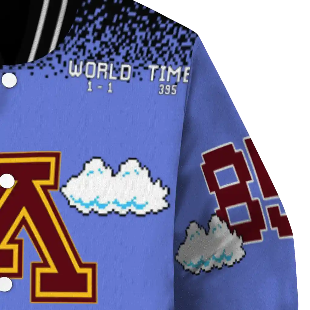 customized minnesota golden gophers mario blocks blue black varsity jacket premium grade customized minnesota golden gophers mario blocks blue black varsity jacket premium grade