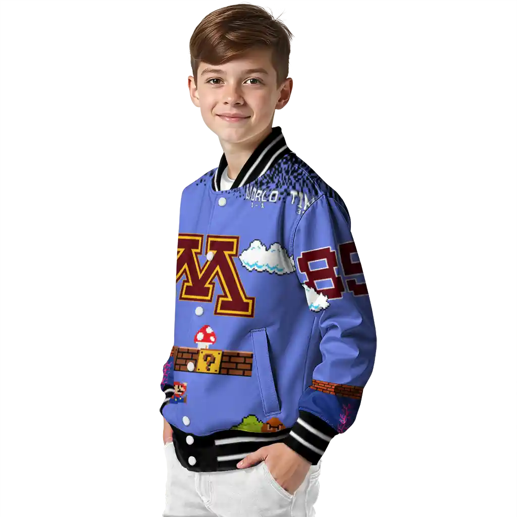 customized minnesota golden gophers mario blocks blue black varsity jacket trendy customized minnesota golden gophers mario blocks blue black varsity jacket trendy