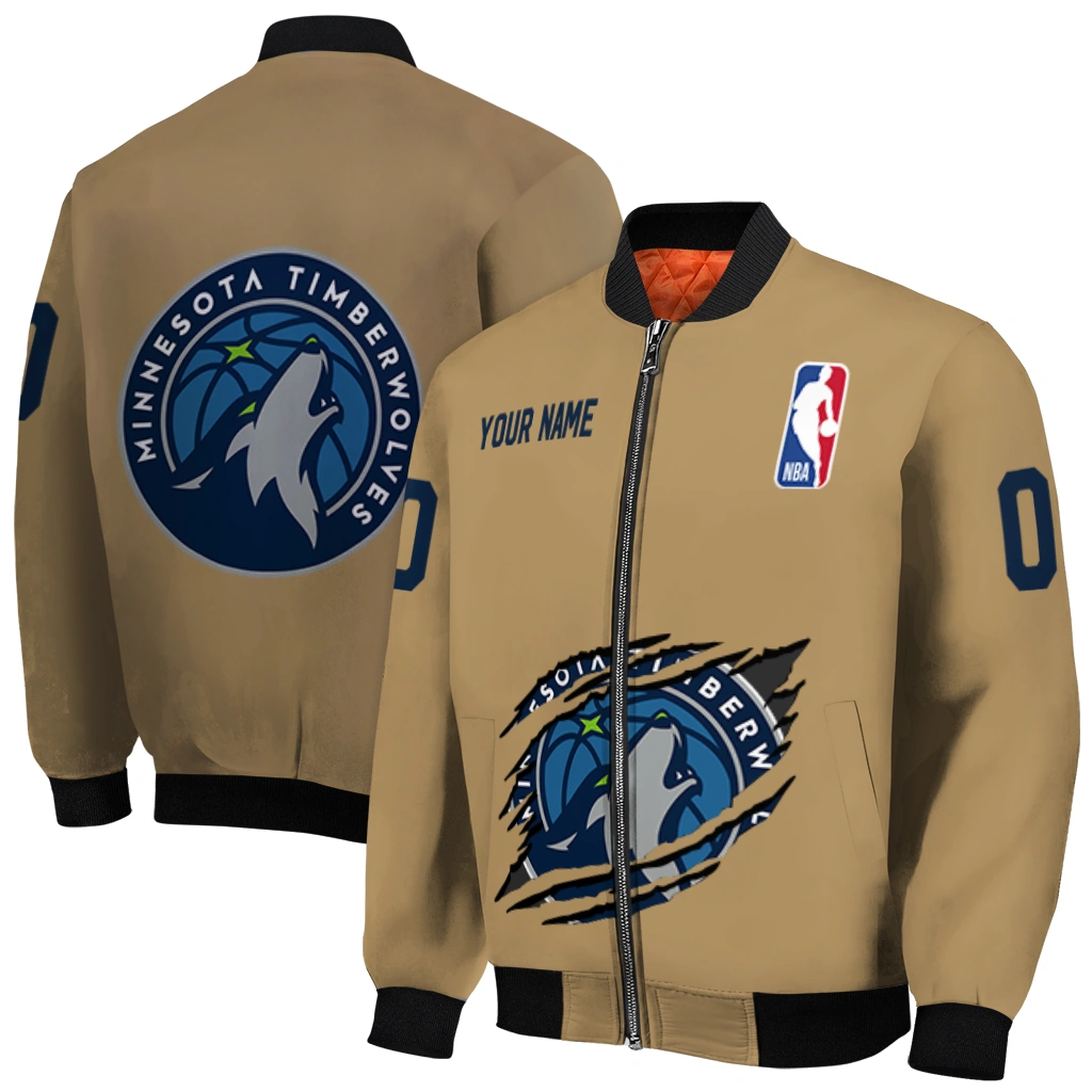 customized minnesota timberwolves claw opening beige bomber jacket best selling customized minnesota timberwolves claw opening beige bomber jacket best selling