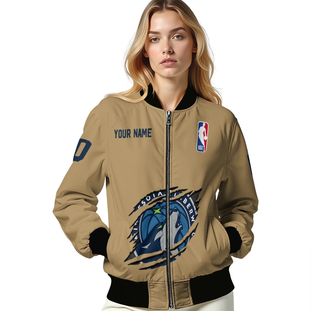 customized minnesota timberwolves claw opening beige bomber jacket latest model customized minnesota timberwolves claw opening beige bomber jacket latest model