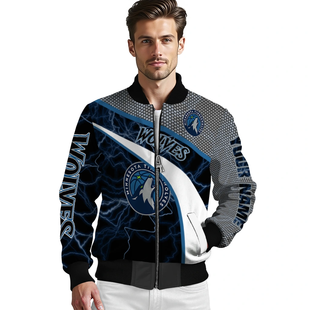 customized minnesota timberwolves electric flash midnight blue bomber jacket high quality customized minnesota timberwolves electric flash midnight blue bomber jacket high quality