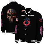 customized minnesota twins american flag skull black varsity jacket best selling