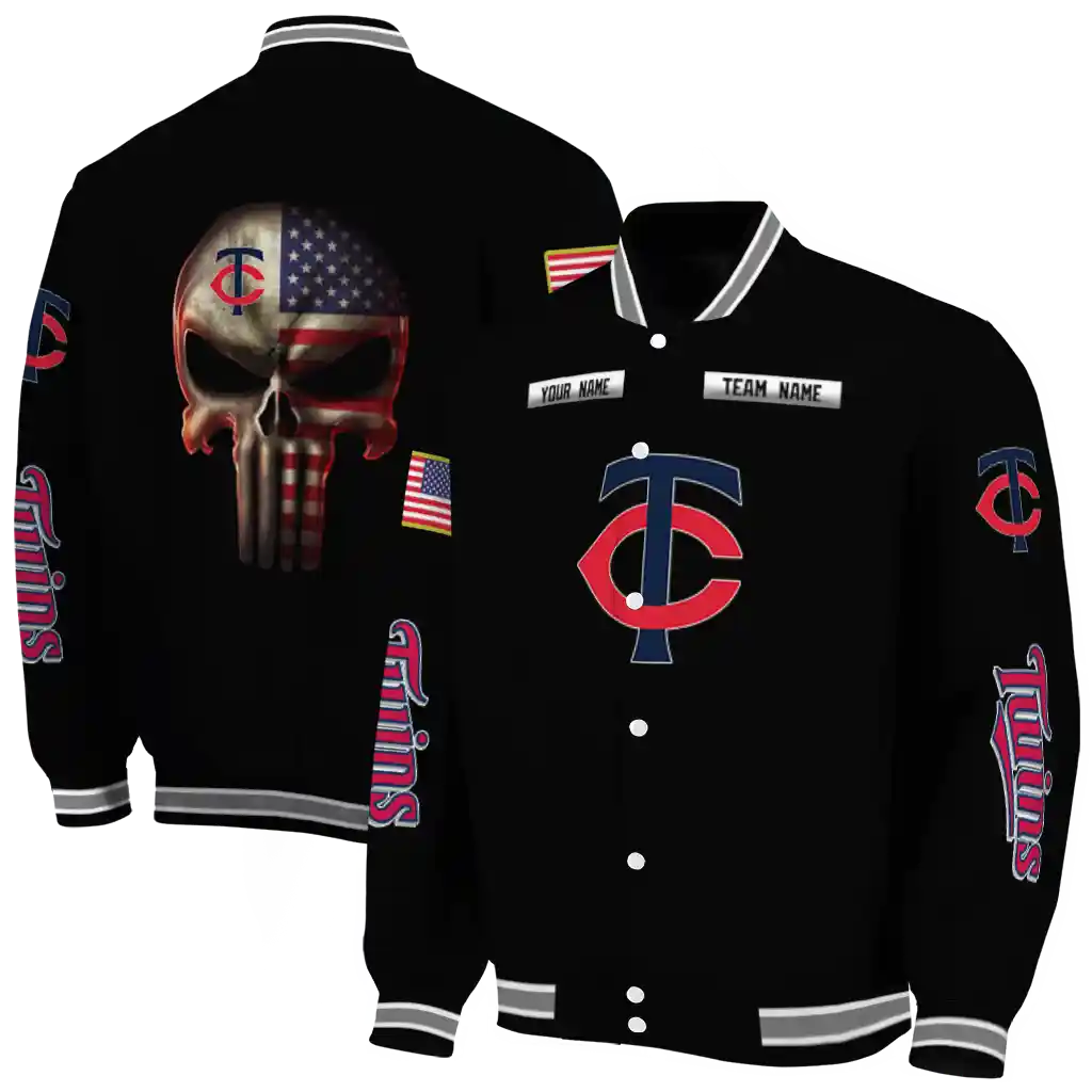 customized minnesota twins american flag skull black varsity jacket fashion forward customized minnesota twins american flag skull black varsity jacket fashion forward