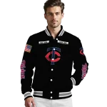 customized minnesota twins american flag skull black varsity jacket best selling