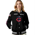 customized minnesota twins american flag skull black varsity jacket best selling