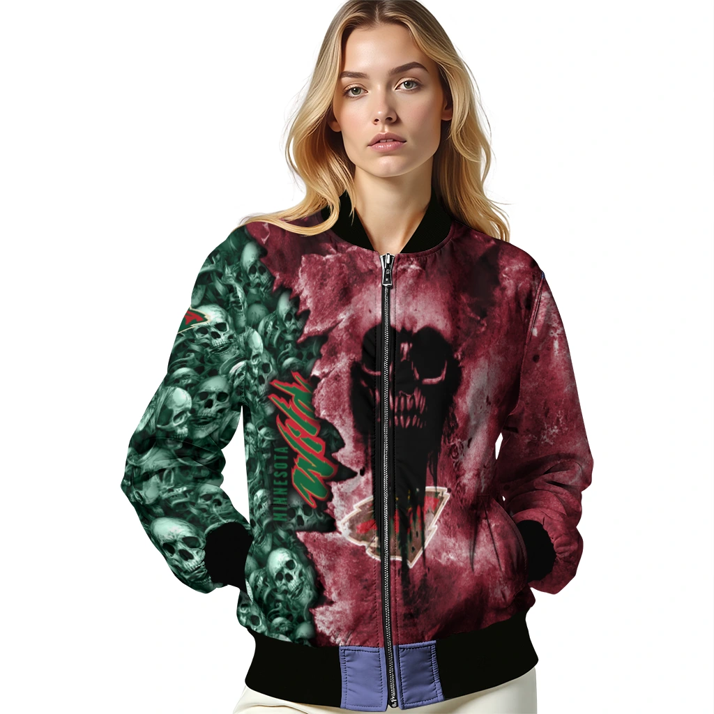 customized minnesota wild skull cluster red bomber jacket latest model customized minnesota wild skull cluster red bomber jacket latest model