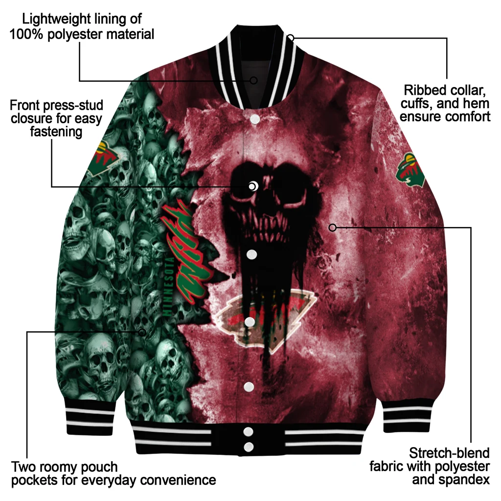 customized minnesota wild skull cluster red varsity jacket new arrival customized minnesota wild skull cluster red varsity jacket new arrival