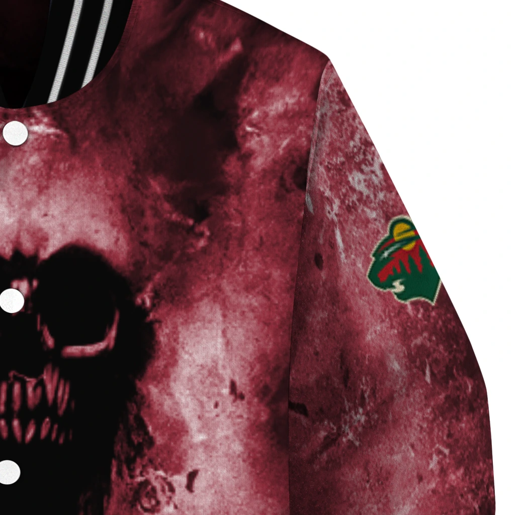 customized minnesota wild skull cluster red varsity jacket premium grade customized minnesota wild skull cluster red varsity jacket premium grade