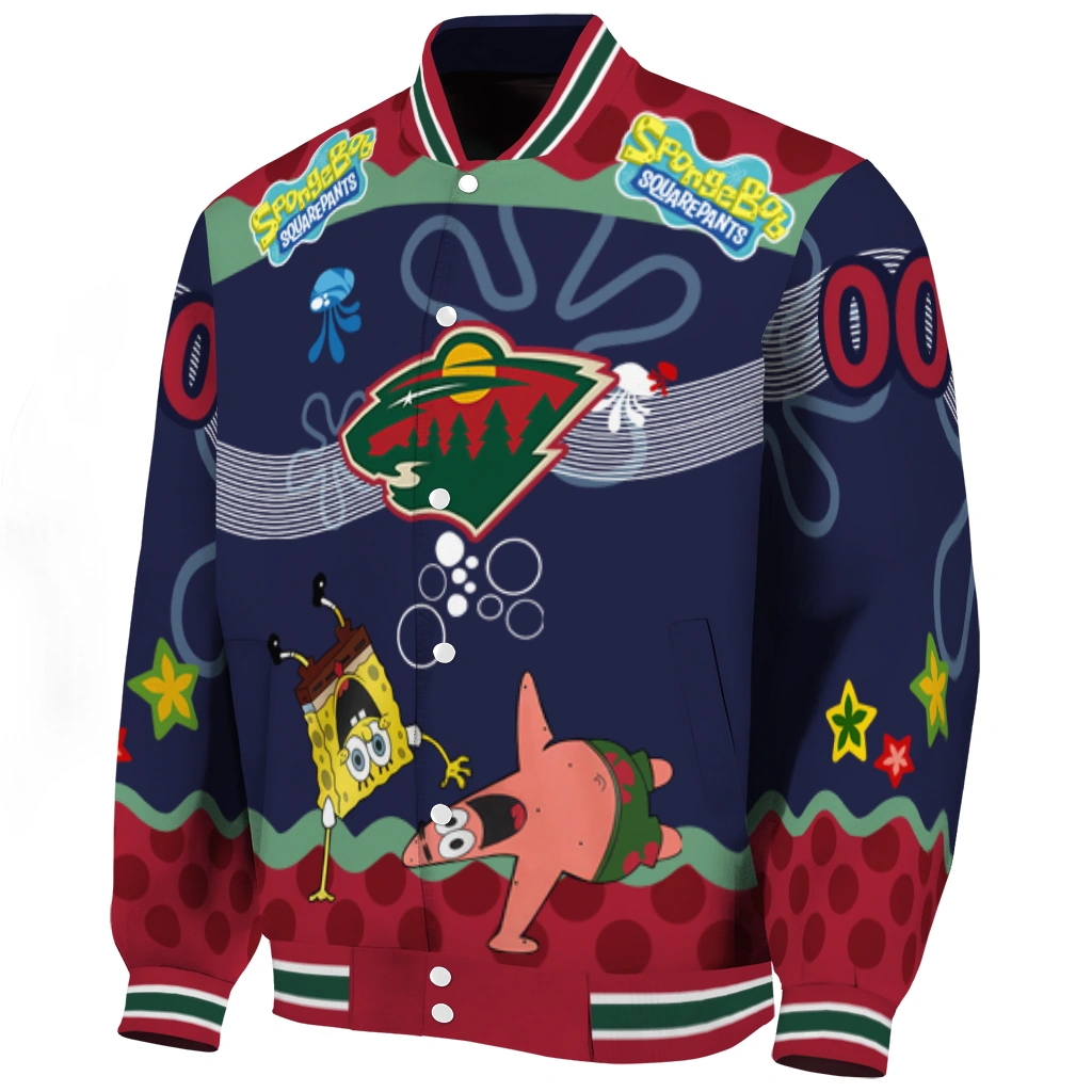 customized minnesota wild spongebob playtime red blue varsity jacket best selling customized minnesota wild spongebob playtime red blue varsity jacket best selling