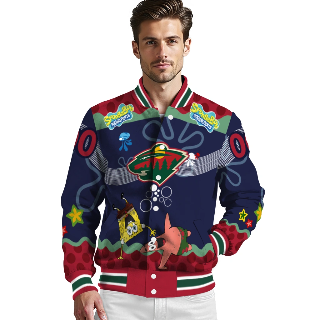 customized minnesota wild spongebob playtime red blue varsity jacket high quality customized minnesota wild spongebob playtime red blue varsity jacket high quality