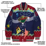 customized minnesota wild spongebob playtime red blue varsity jacket best selling