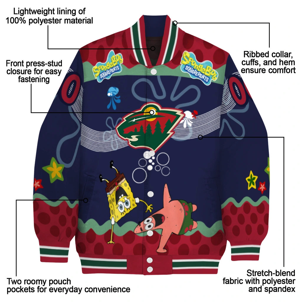 customized minnesota wild spongebob playtime red blue varsity jacket new arrival customized minnesota wild spongebob playtime red blue varsity jacket new arrival