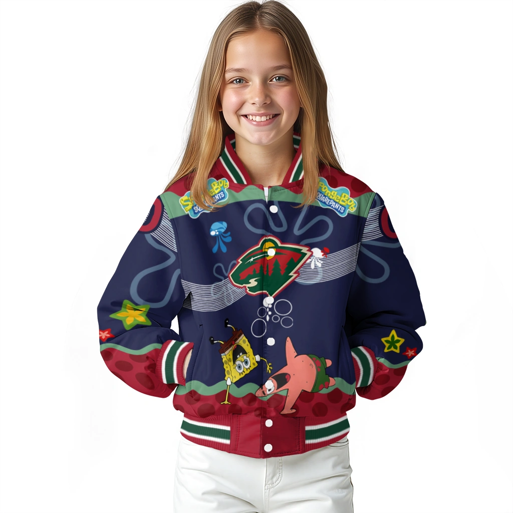 customized minnesota wild spongebob playtime red blue varsity jacket top rated customized minnesota wild spongebob playtime red blue varsity jacket top rated