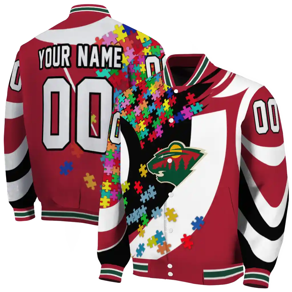 customized minnesota wild stars and stripes slashes red varsity jacket fashion forward customized minnesota wild stars and stripes slashes red varsity jacket fashion forward