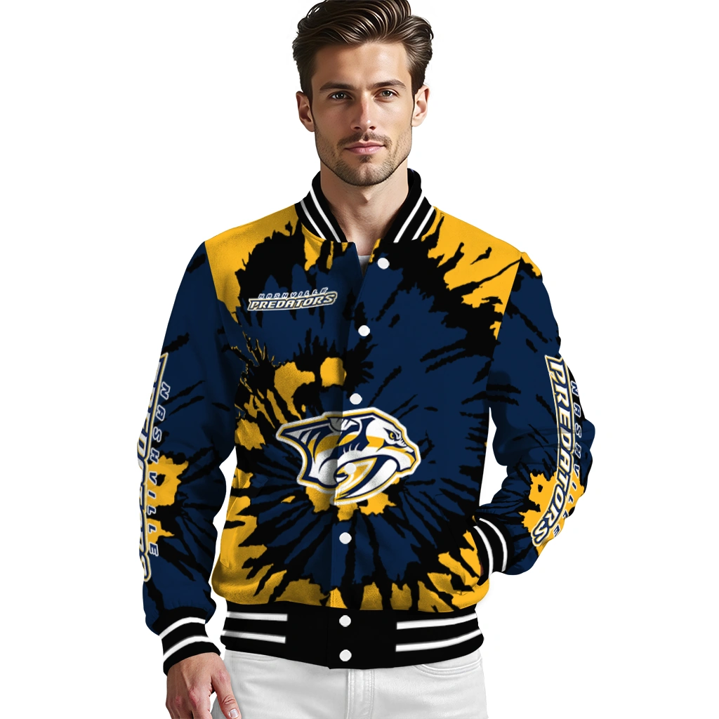 customized nashville predators burst splatter gold varsity jacket high quality customized nashville predators burst splatter gold varsity jacket high quality
