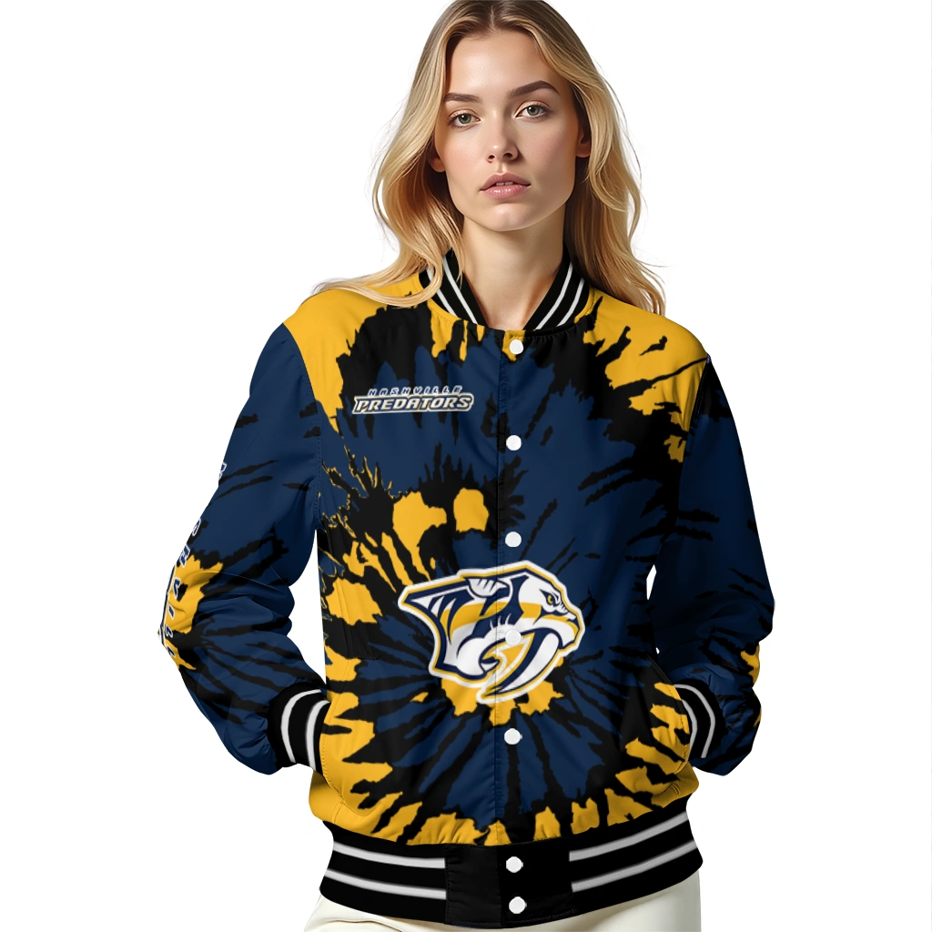 customized nashville predators burst splatter gold varsity jacket latest model customized nashville predators burst splatter gold varsity jacket latest model