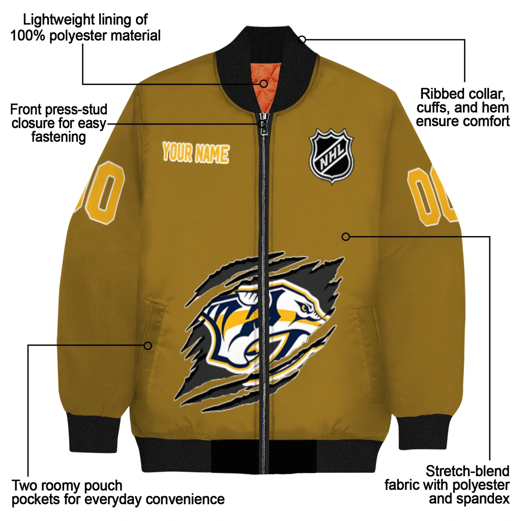 customized nashville predators claw rip gold bomber jacket new arrival customized nashville predators claw rip gold bomber jacket new arrival