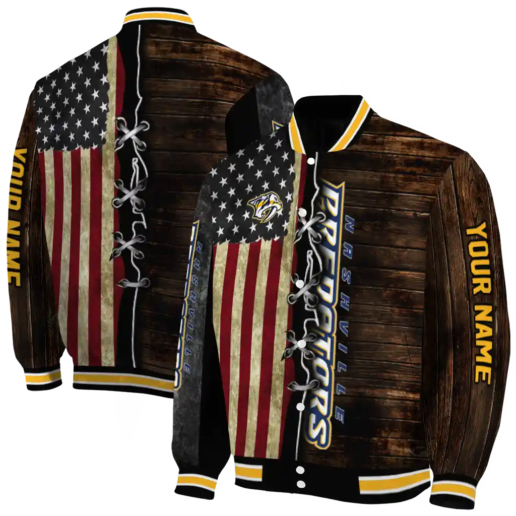 customized nashville predators flag wood brown varsity jacket fashion forward customized nashville predators flag wood brown varsity jacket fashion forward